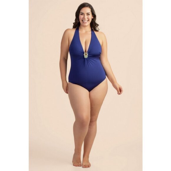 💕TRINA TURK Bijou Solids V-Plunge Plus One Piece Swimsuit Ultra Marine Blue 20W - Picture 5 of 15